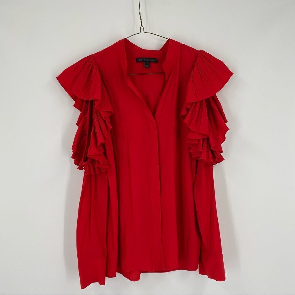Chelsea and Walker Women’s Ruffle Cut Out Cold Shoulders Button Front Red Blouse